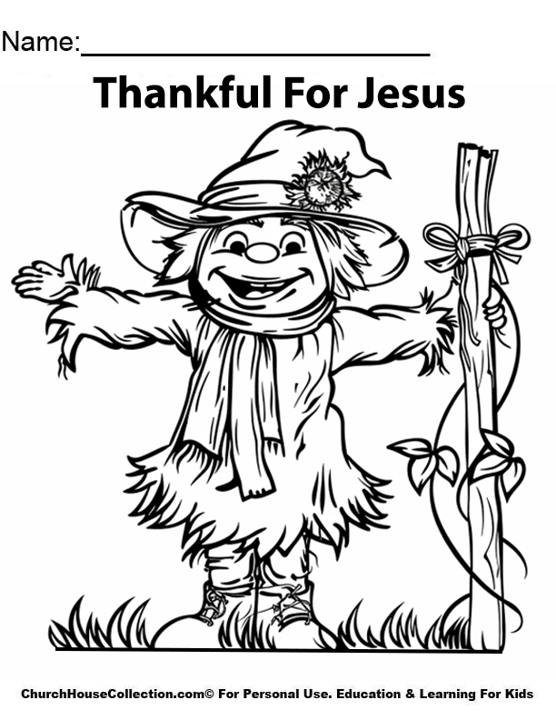 Thankful For Jesus Scarecrow Bible Coloring Page by Church House Collection